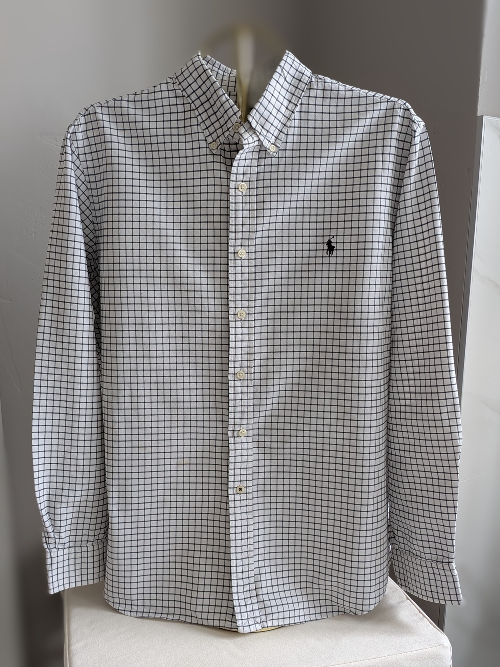 Ralph Lauren Men's White Button-Down Shirt with Black Grid Size XL